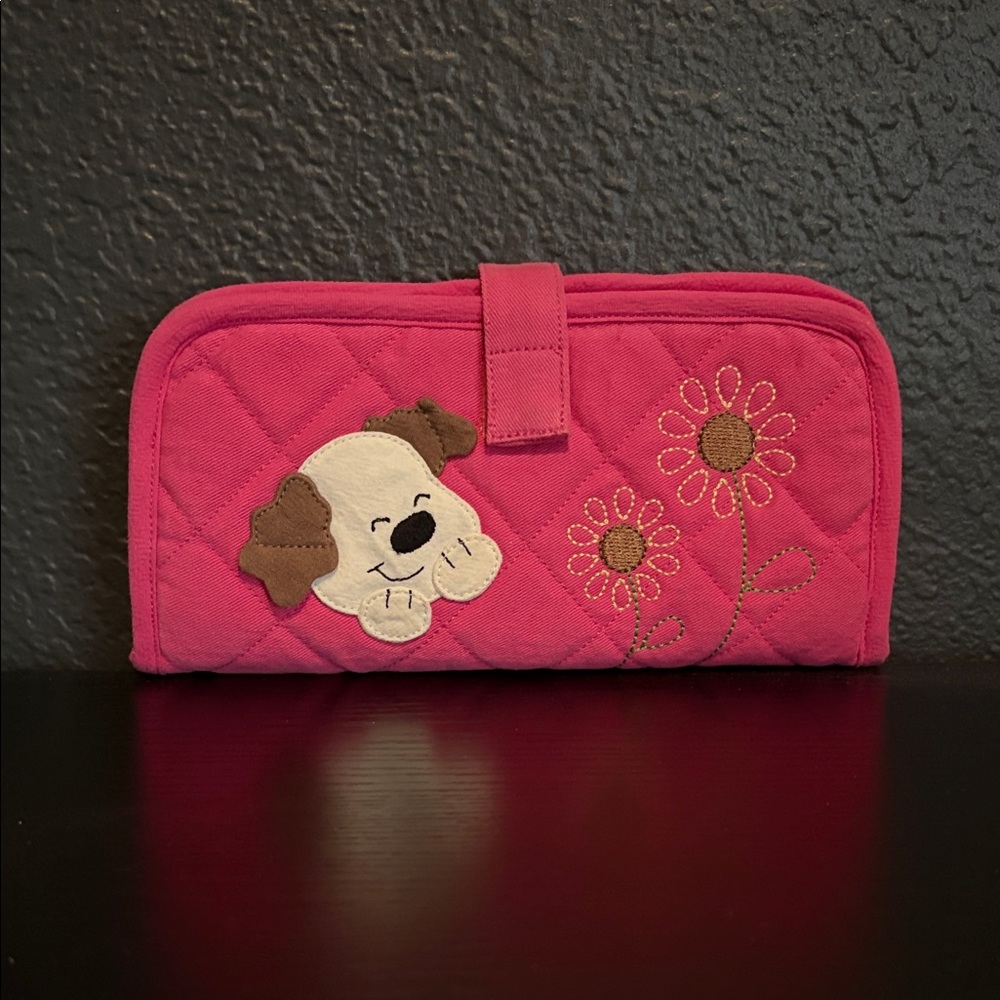Pink Quilted Wallet with Dog and Flower Design